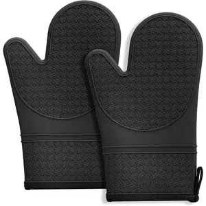 Silicone Oven Mitts, Heat Resistant to 500 Degrees Fahrenheit, 2-Pack Kitchen Gloves, 11.6inch BPA-Free Soft Baking Gloves, Non-Slip Grip Oven Mitts with Soft Cotton Lining, Suitable for Kitchen Cooking, Baking, Barbecue - Black