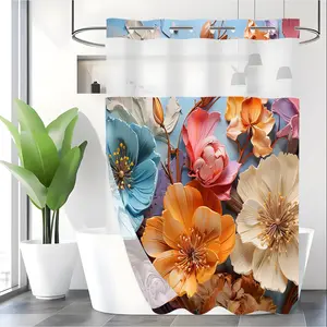 Floral Pattern Shower Curtain, 1 Count Waterproof Bathroom Curtain, Bathroom Decor Supplies for Home Hotel Salon Dormitory, Bathroom Decoration Accessories