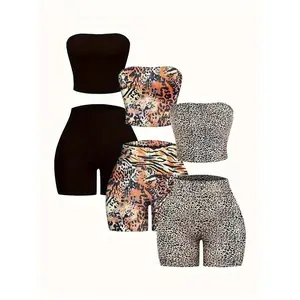 Women’s leopard print crop top and shorts set, a casual, fashionable, and chic two-piece for everyday outdoor wear—women’s summer clothing GARMENTARY