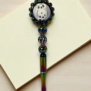 Iridescent Owl Beaded Pen Rainbow Metallic Finish Unique Design Writing Tool