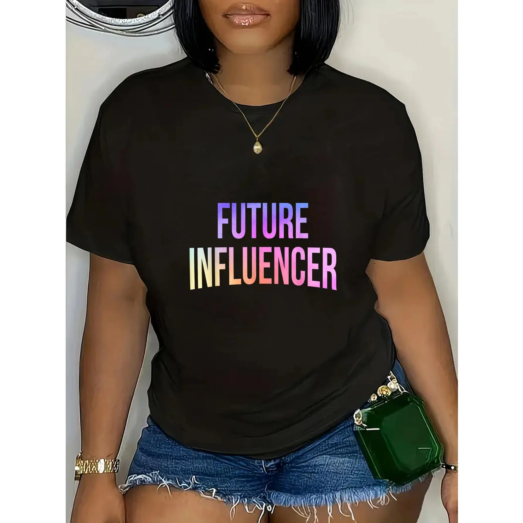 Women's Fitted 100% Cotton Casual Short-Sleeve Crew Neck T-Shirt - Funny Future Influencer Content Creator Graphic Print, Black, Shortsleeve, Top, Tshirt, Tops, Thanksgiving, Easter