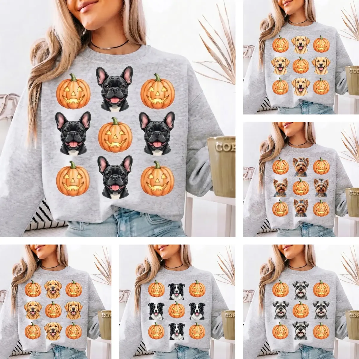 Women's Casual Oversize Custom Dog Breed Halloween Sweatshirt - Personalized Pet Portrait Graphics T-Shirt - 30+ Breeds Available - Perfect Gift for Dog Parents - Baggy Cotton Fit