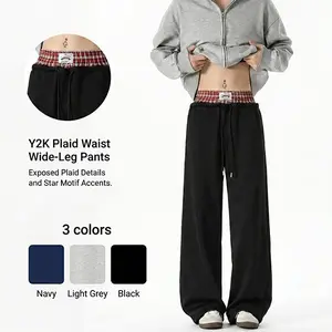 TikTok viral plaid double-waist wide-leg sweatpants for women, high-waisted baggy black casual streetwear pants, Y2K style