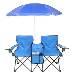 Beach Camping Chair, Portable Double Folding Picnic Chairs Beach Camping Chair W/Umbrella Mini Table Beverage Holder Carrying Bag for Beach Patio Pool Park Outdoor foldable
