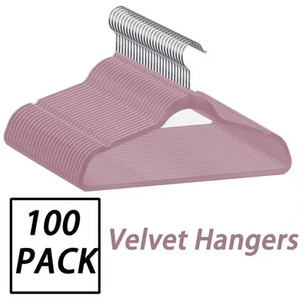 Zenstyle 100-Pack Non-Slip Premium Velvet Multifunctional Plastics Hangers, ABS 360° Swivel Hook, Closet Organizers for Coats & Shirts (Pink)