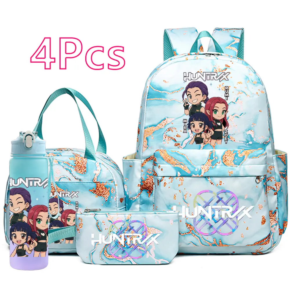4PCS K-Pop Demon Hunters Bookbag Set – Girls & Teens School Backpack with Rumi Mira Zoey Design, Lunch Bag, Pencil Case & Water Bottle