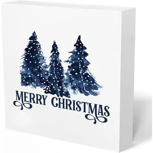 Navy Blue Christmas Tree Decor Sign for Home, Blue and White Merry Christmas Tree Decorations for Home Table Shelf Office Desk Decor Wood Signs for Kitchen Bathroom Decorations, Christmas Ornaments, 5x5 Inch