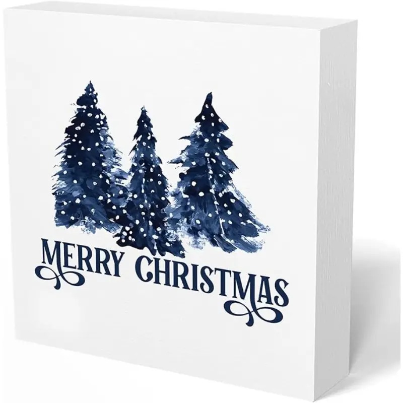 Navy Blue Christmas Tree Decor Sign for Home, Blue and White Merry Christmas Tree Decorations for Home Table Shelf Office Desk Decor Wood Signs for Kitchen Bathroom Decorations, Christmas Ornaments, 5x5 Inch