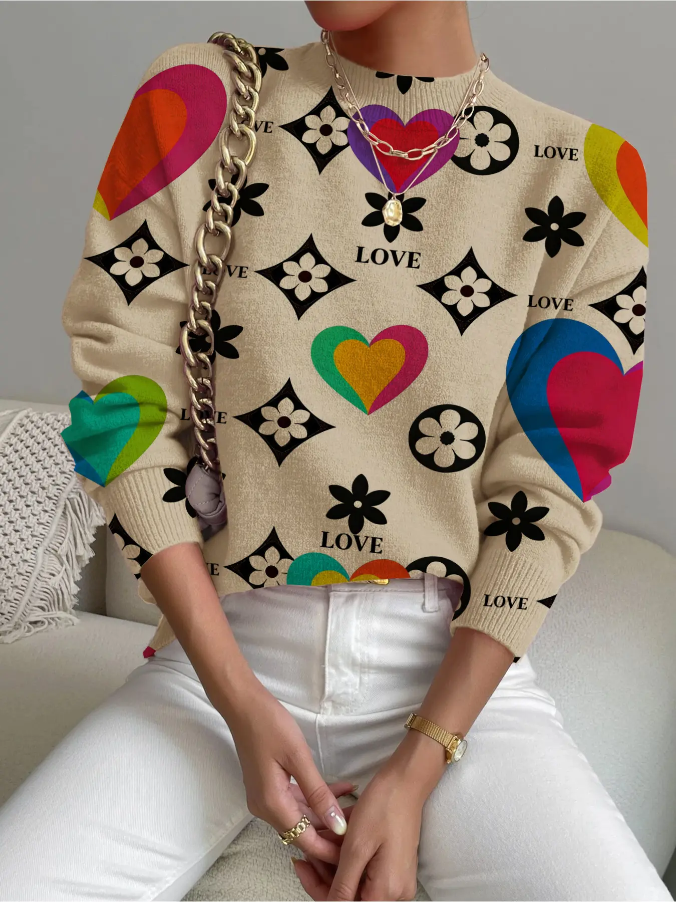 Women's Geometric Heart Print Stand Collar Short Knitted Sweater, Casual Long Sleeve Knitwear for Fall Winter, Comfortable Warm Daily Wear