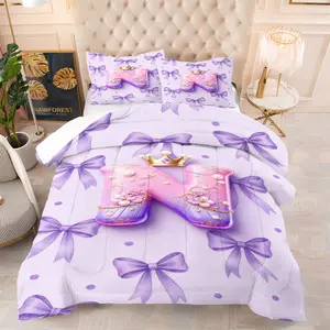 Dreamy Purple Bow Princess Crown Letter N-Z Comforter Sets,Includes 1 Comforter & 1-2 Pillowcases,Sweet Princess Style Print Bedding Sets,Soft Breathable All Season Bedding for Girls Bedroom,Great Gift for Princess Theme & Bow Decor Enthusiasts