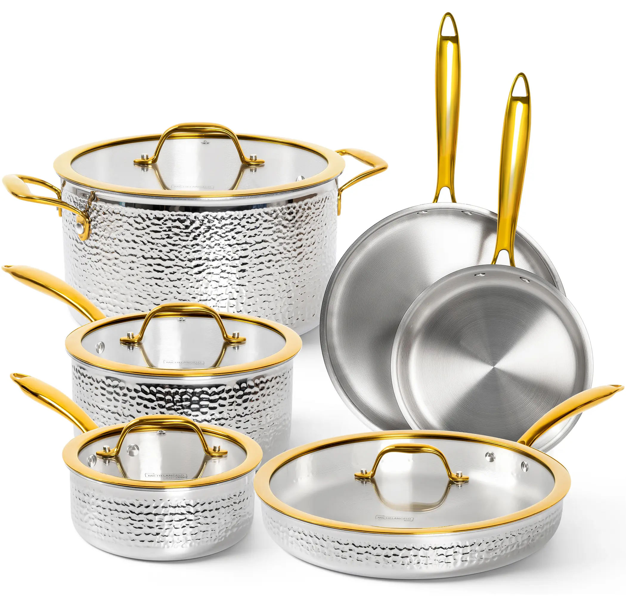 Michelangelo 10-Pcs Triply Hammered Stainless Steel Cookware Set - Golden Handle, Induction-Ready, Oven-Safe Kitchen Pots and Frying Pan