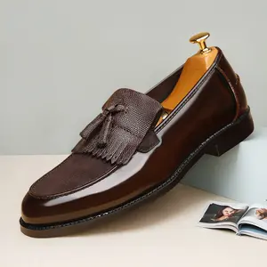 Men's Mixed-Material Fringe Tassel Loafers, Lizard-Embossed Slip-On Formal Dress Shoes, Business Casual Leather Loafers8676