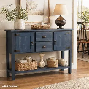 ARCH 46'' Solid Wood Sideboard Console Table with 2 Drawers and Cabinets and Bottom Shelf, Retro Style Storage Dining Buffet Server Cabinet for Living Room Kitchen Dining Room(Navy Blue)(W1202P356655