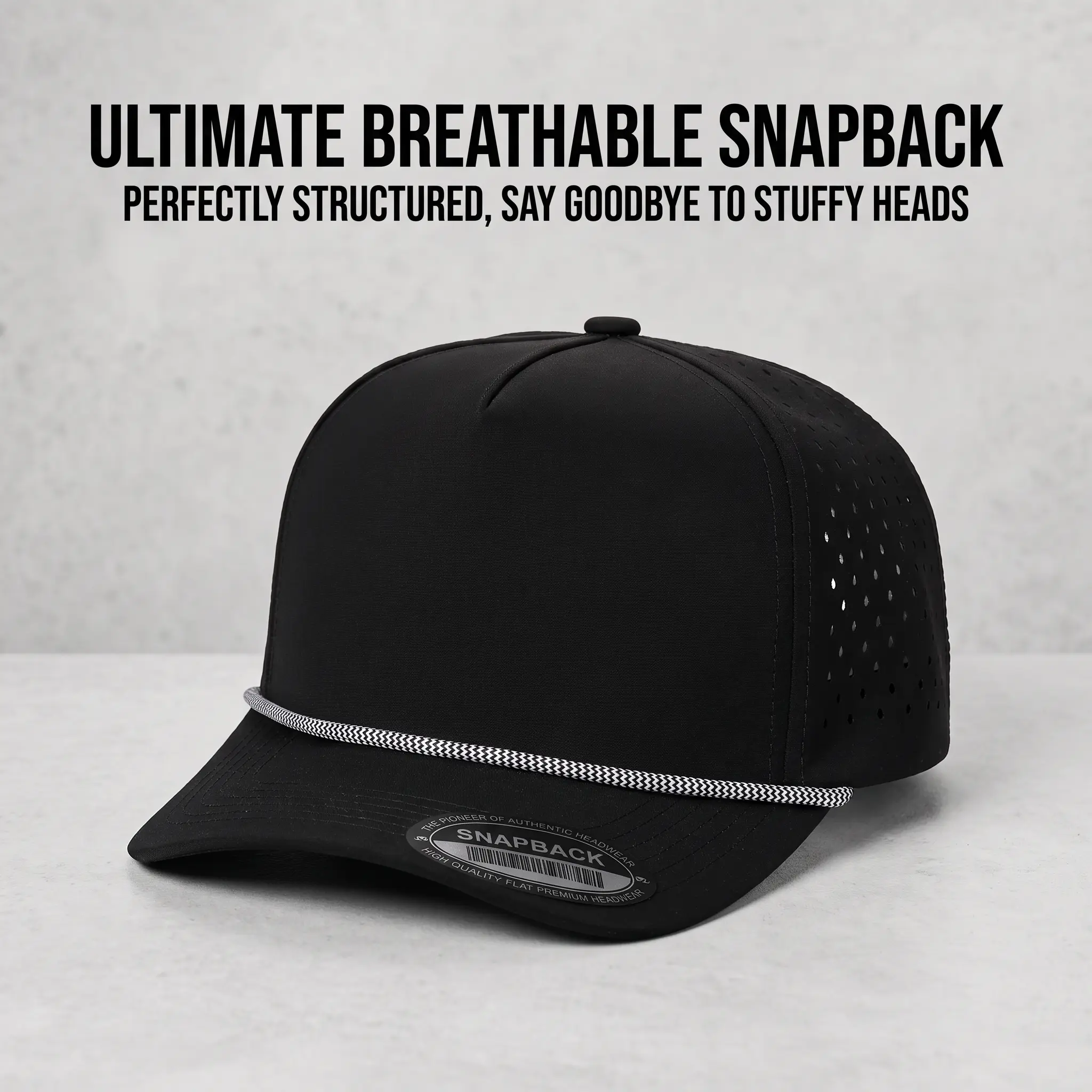 Snapback Hat With Braided Decorative Rope Laser Perforated Side Vents Water Resistant Quick Dry Performance Blank Baseball Cap Custom Embroidery Hat For Golf Fishing Running Outdoor Sports Men Women