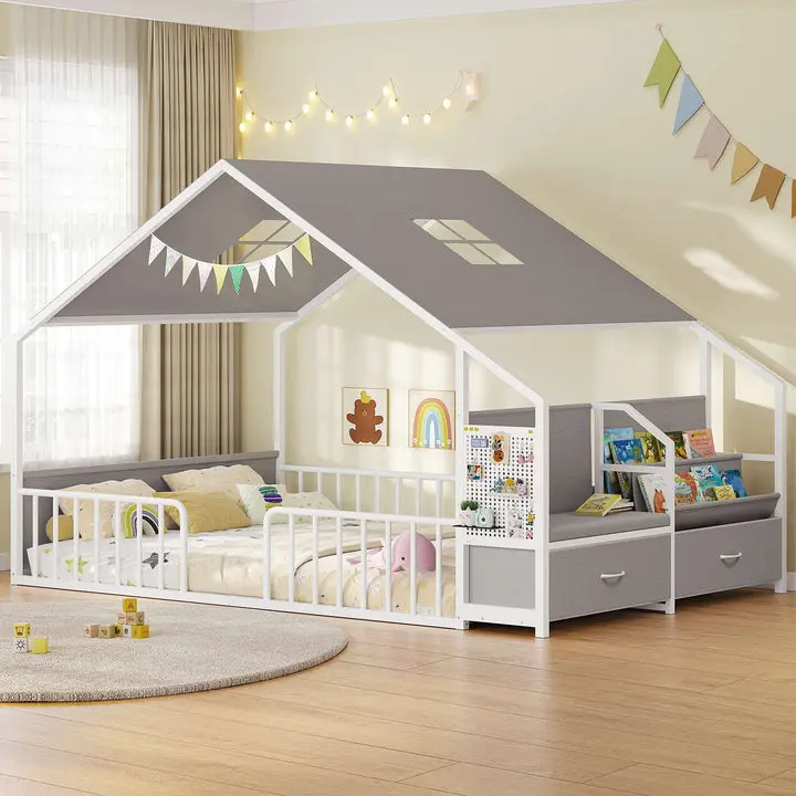 ADORNEVE Montessori Full-Size Floor Bed with Safety Guardrails, House Bed Design, Reading Nook, Bookshelves and Storage Drawers Bed