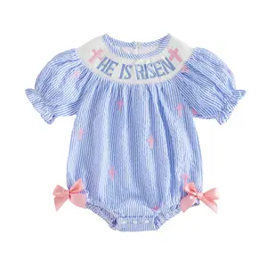 Babamoon Infant Baby Girl Easter Romper Striped Cross Letter He is Risen Embroidered Short Sleeve Jumpsuit Bows Smocked Bodysuit Cute Spring Clothes 0-18 Months