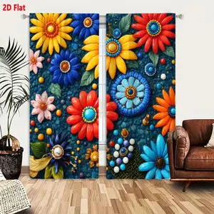 2D Flat  2-Piece Mosaic Floral Curtain Set, Colorful 3D Flower Beaded Artwork with Teal Pebbled Background, Bright Yellow Blue Red Pink Orange Flowers, Green Leaves & Whimsical Decor, Textured Mosaic & Beading Design for Living Room Bedroom