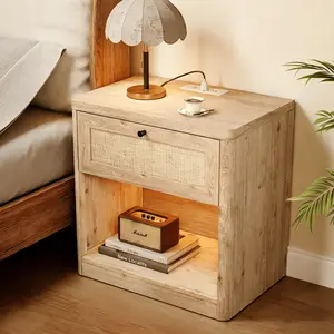 Boho Rattan Nightstand with AC/USB Charging Station, LED Music Sync Lights End Table, Heavy Duty Wood Bedside Table for Bedroom/Living Room/Cat Space