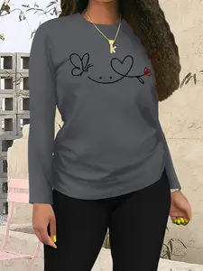 Pattern Print Women's Casual Solid Color Pullover Top, Long Sleeve Spring & Fall Shirt, Home Leisure Wear, Short Sleeve Plain Tee