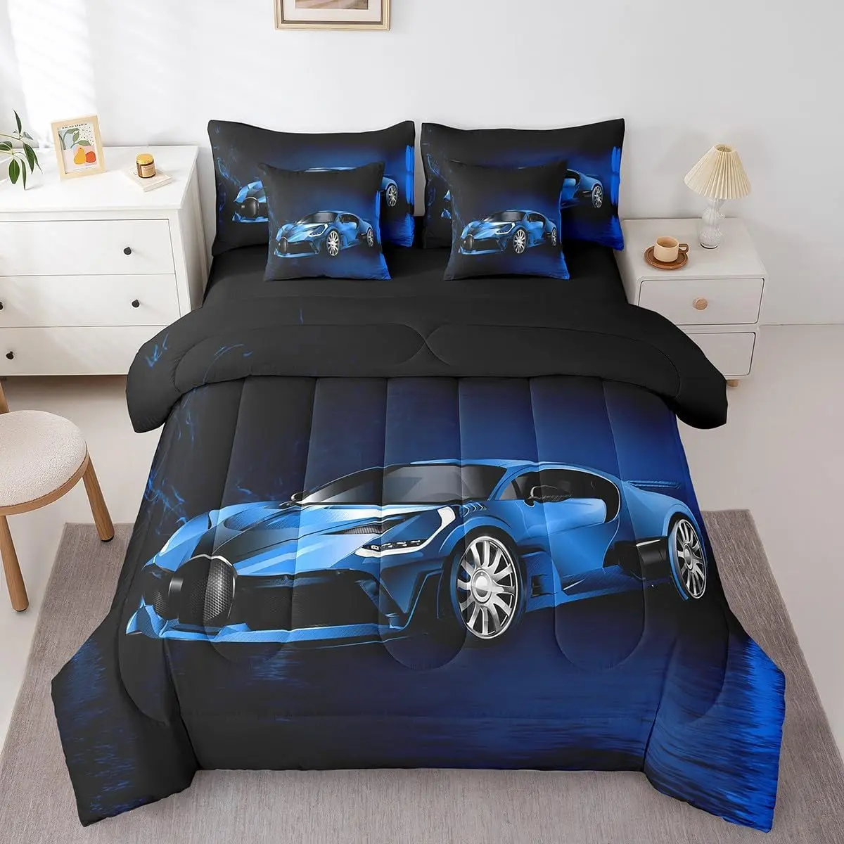 Sports Car 7 Piece Bedding Set,Blue Race Car Comforter Set with Sheets,Extreme Sports Theme Bed in a Bag,Cool Speed Luxury Car Decor Bed Set, Bedding Set With Car Design, Racing Car Bedding Set