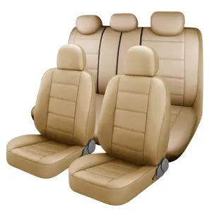 Car 5 Seat Covers Full Set in PU Leather, Front & Rear Seat Back Beach Cover with Removable Headrest Washable, Universal For Vehicle SUV Sedan Beige