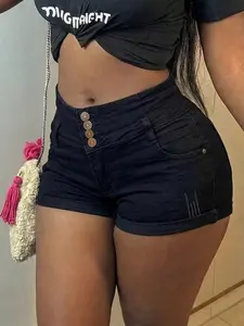 Women's High Waist Denim Shorts, Tummy Control Butt Lifting Shaping Hot Pants, Elastic Design, Cuffed Hem, Wide Belted Waist