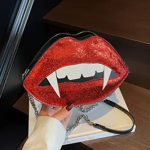 Women's Vampire Gothic Lips Cruciformbody Bag with Chain - Red Purse, Zipper Closure Mini Bag for Halloween, Parties, Everyday - Cute Vampire Makeup Clutch, Festival Purse, Statement Piece, Sleek Finish, Unique Handbag, Halloween Shoppers