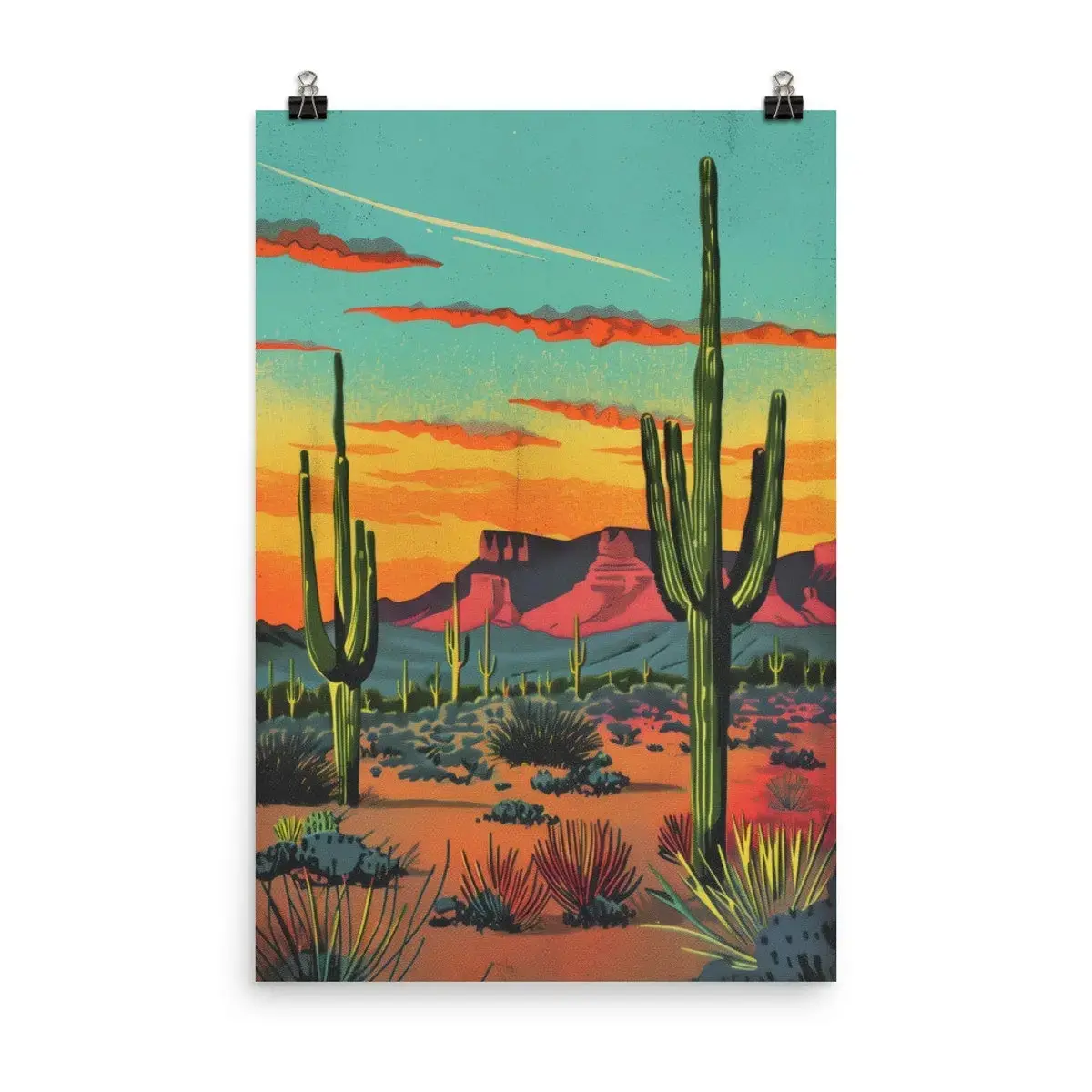 Vintage Postcard Colorful Desert Nature Art Poster Print - Southwest 2 Saguaro Landscape Wall Decor for Living Room Home Decor