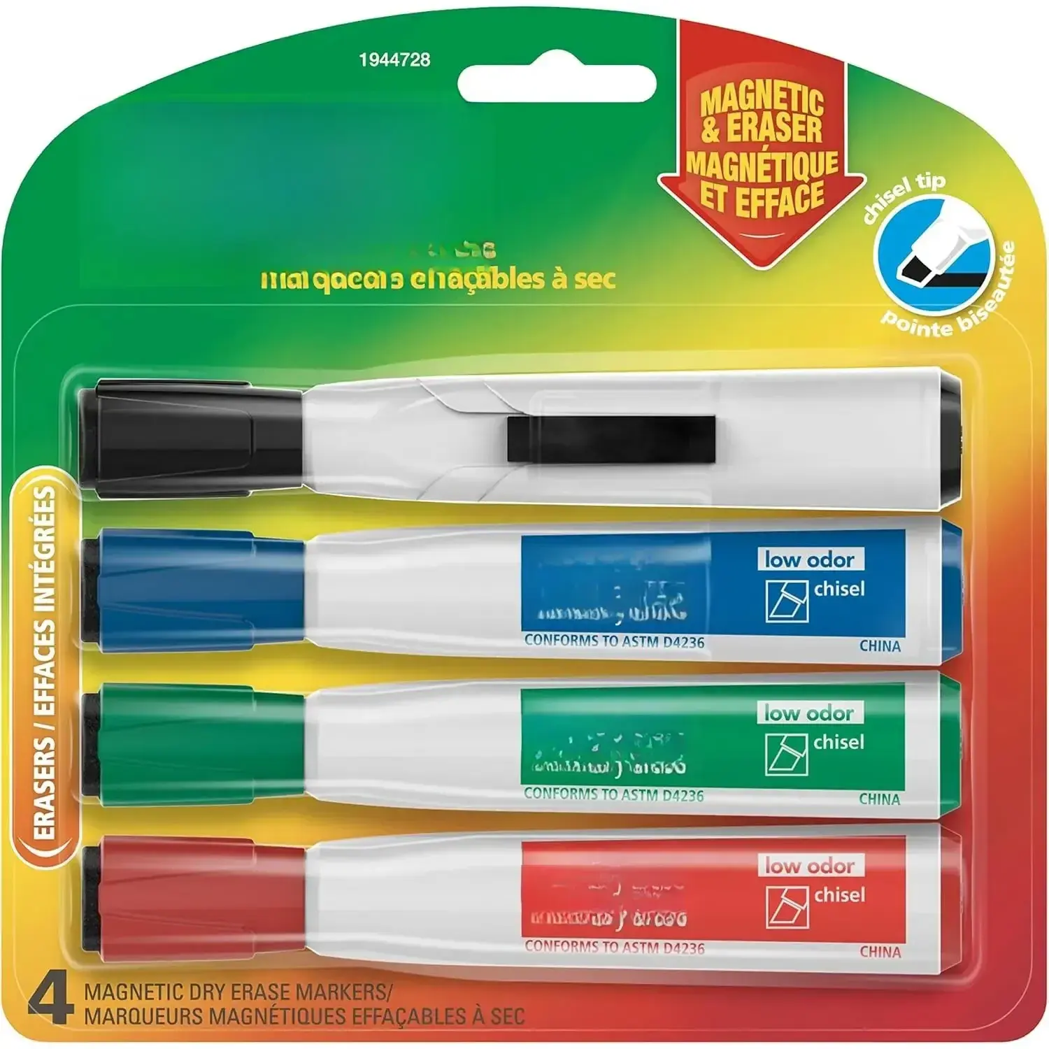 Magnetic Dry Erase Markers with Eraser, Assorted Colors, Chisel Tip, 4 Count - Whiteboard, School, Classroom, Teacher Supplies