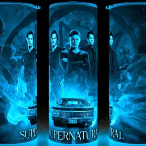 Glow in the Dark Supernatural TV Show Sam and Dean Winchester and Castiel Cup Mug Tumbler 20oz with Lid and Straw - Elegant Drinkware for Supernatural Fans - Perfect for Hot or Cold Drinks! Stainless Steel. Flasks Plastic Glossy Insulated