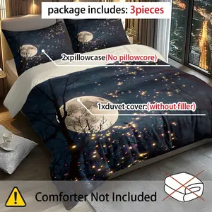 3-Piece Moon & Sparkling Stars Sky Print Duvet Set, Includes 1 Fitted Sheet & 2 Pillowcases, Breathable Soft Polyester