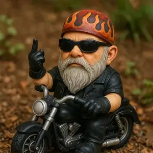 Motorcycle Riding Garden Gnome Statue with Flame Helmet & Peace Sign, Durable Weather-Resin, Humorous Home Decor, Unique Gift for Men
