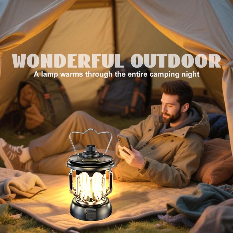 Vintage-style camping lamp, atmospheric portable lantern, flashlight with a metal hook for hanging, USB rechargeable with power output function, very suitable for fishing, household power outages, desktop lighting and emergency lighting