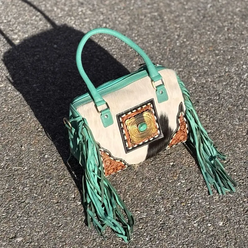 Small Fringe Cowhide Speedy Bag with Turquoise Fringe for Stylish Everyday Use