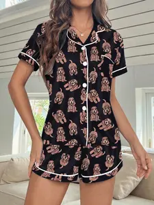 Women's Cute Poodle Print Sleepwear Set, Pajama Set, Short Sleeve Shorts, Button Front, Soft Comfortable Homeewear, Casual All Seasons