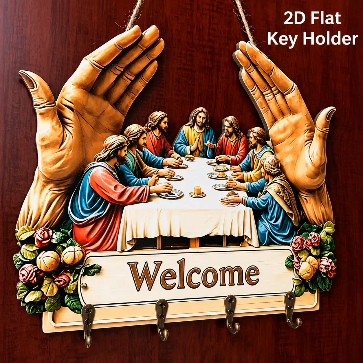 Flat Jesus Wooden Floral Key Organiser, Wall-Mounted Key Rack with Metal Hooks, Decorative Christian Faith Entryway Wall Art, Easy Installation Religious Home Gift
