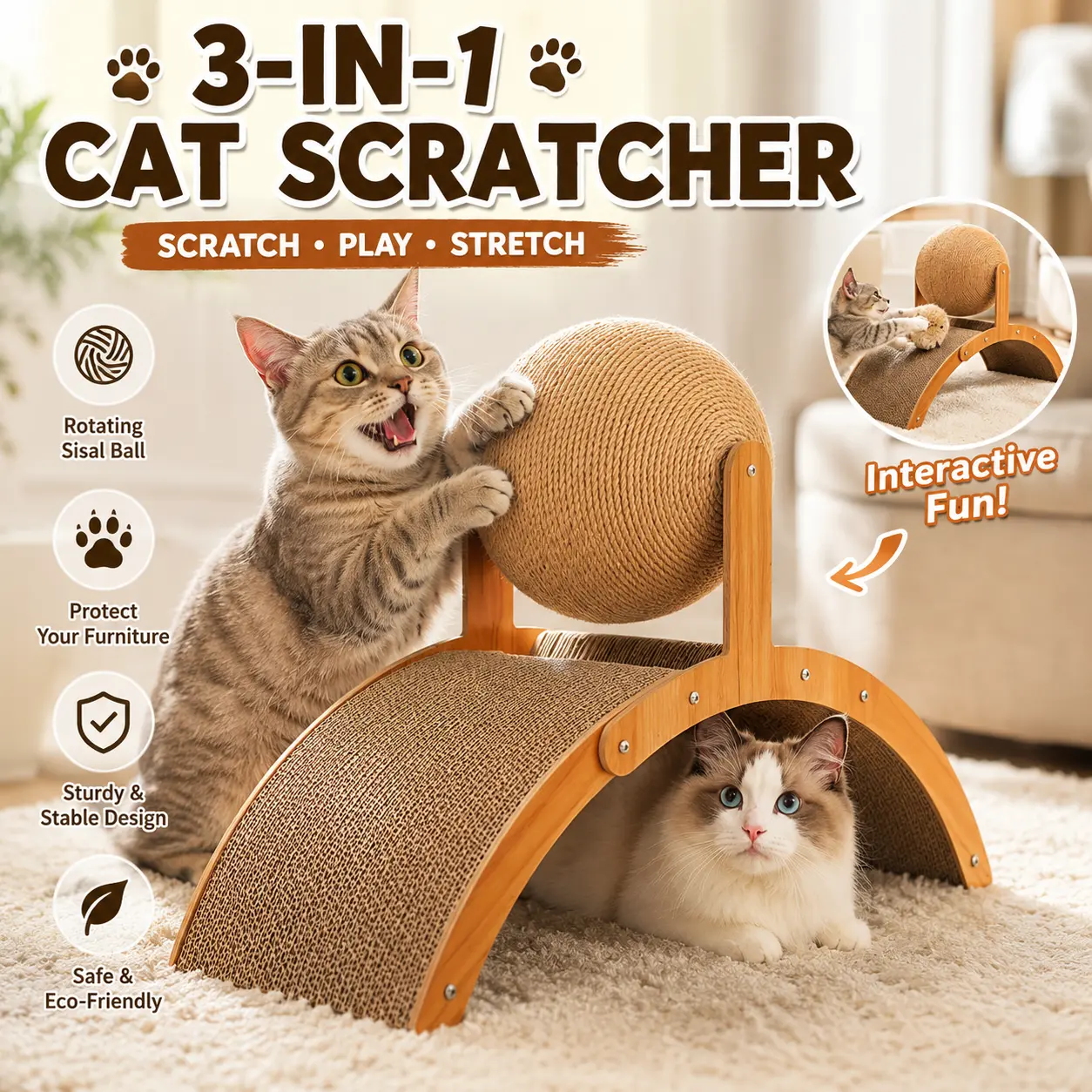 Interactive Cat Scratcher with Rotating Sisal Ball, Wooden Arch Cat Scratching Board Ramp for Indoor Cats, Exercise Play Toy, Claw Grinding Furniture Protector