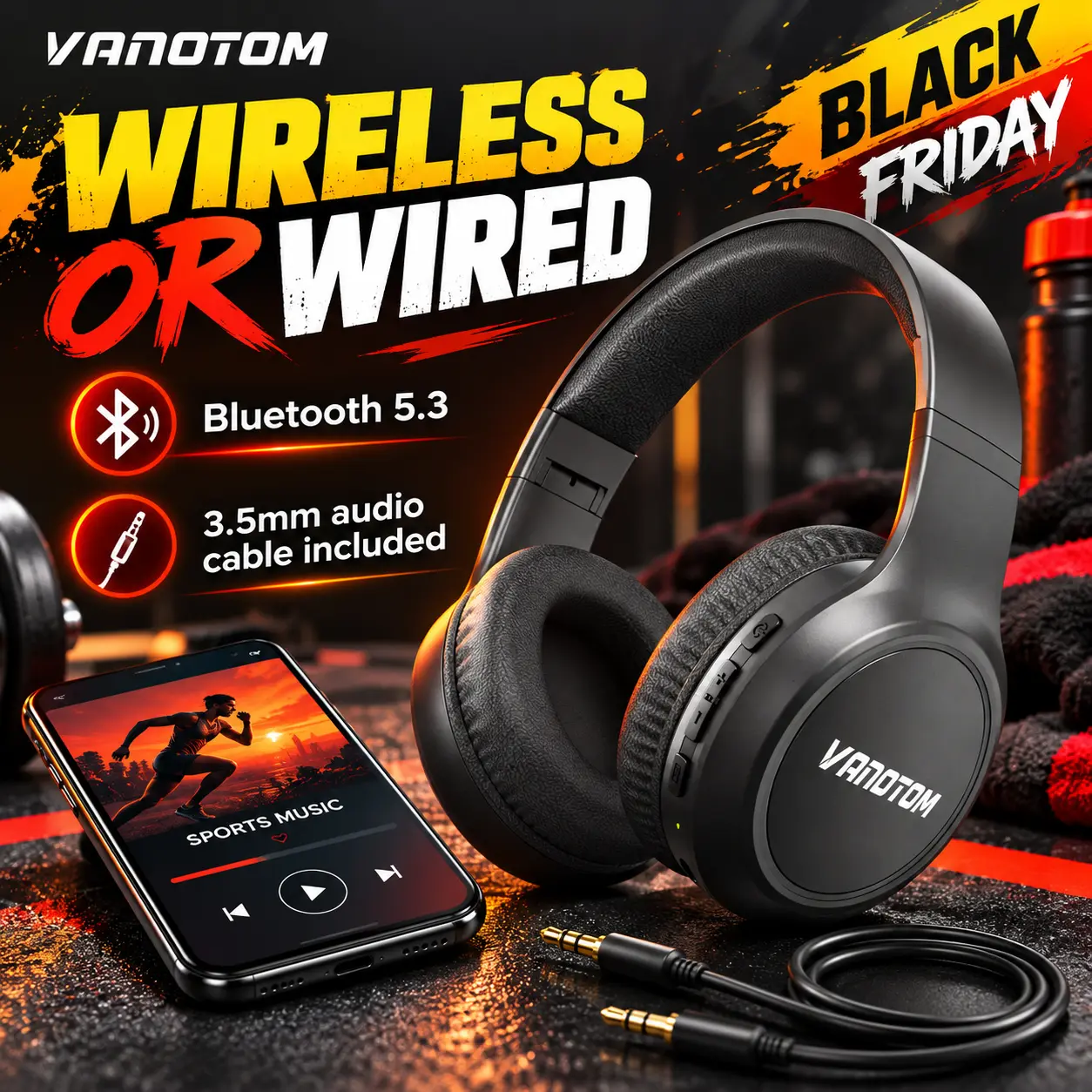 VANOTOM Over Ear Bluetooth Headphone, Bluetooth 5.3 Wireless Headset, Foldable Design, Soft Breathable Earpads, Wired & Wireless Dual Mode for Travel, Gaming, Music