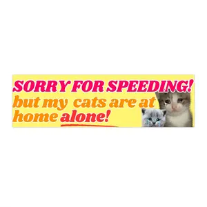 Glossy "Sorry for Speeding! My Cats Are Home Alone" Car Bumper Sticker or Magnet, Premium Weatherproof Vinyl, 8.5x2.5" Frog Mustard Design Automotive Exterior Accessory, Gloss