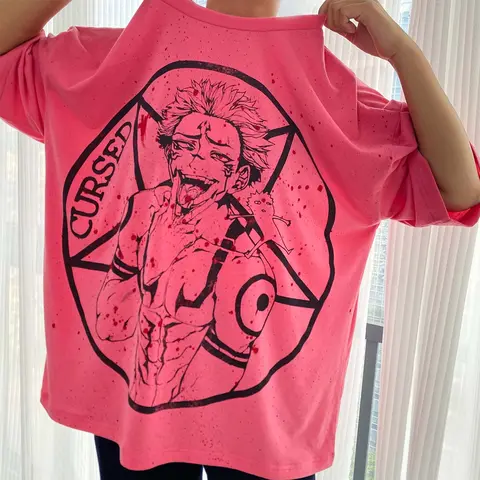 Women's Jujutsu Kaisen Sukuna Curse Fit T-Shirt - Pink Round Neck Short-Sleeved, Comfortable Loose Streetwear Top, Birthday Gift for Anime Enthusiasts