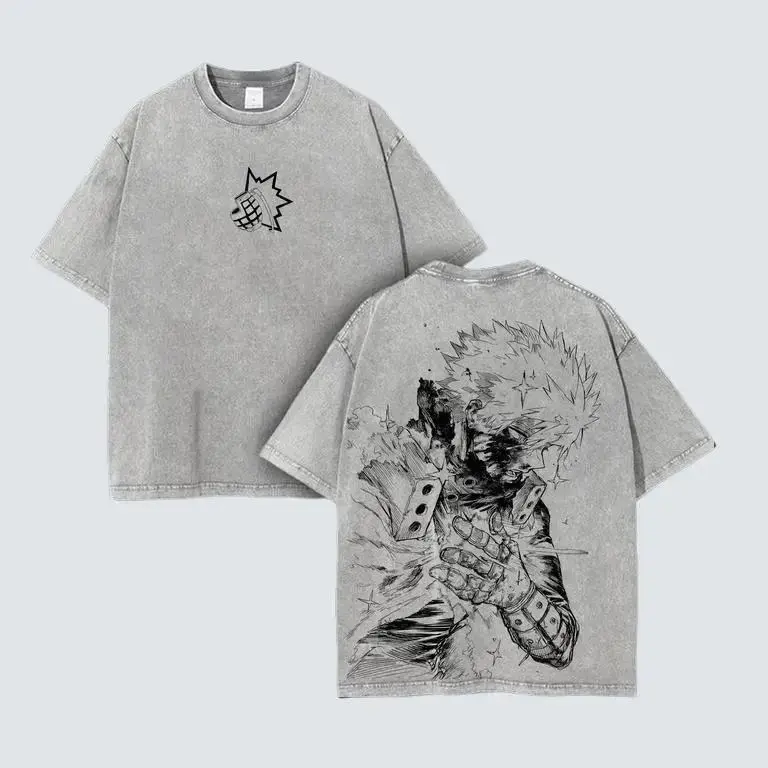 Katsuki Bakugo × My Hero Academia “Blast Protocol” Tee – Oversized Washed Heavyweight Shirt | Grenade Front Logo × Rage Mode Backprint for Fans Who Don’t Just Explode — They Detonate Purpose