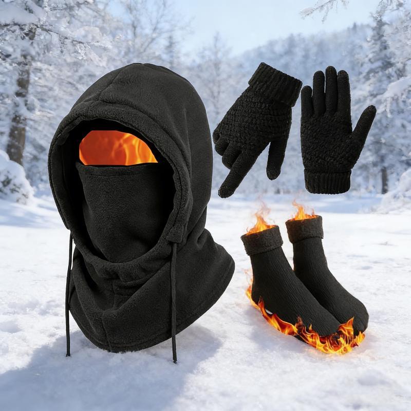 3 or 4-Piece Winter Warmth Set - Windproof and Warm Full-Face Mask Hooded Jacket, Gloves, and Thermal Socks - Extreme Cold Weather Gear for Skiing, Cycling, Snowboarding - Unisex for Adults (Hand Washable) - Ideal Christmas and New Year Gift