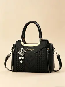 Fashionable stitched design women's handbag, solid color PU leather women's shoulder bag, multifunctional women's shoulder bag, multiple colors to choose from, Trendy Handbag, Textured Commuter Bag