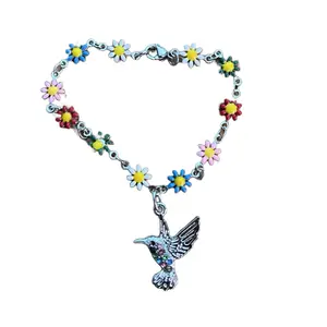 Hummingbird and Flowers Bracelet with Colorful Floral Charms and a Sparkly Hummingbird Pendant (matching earrings also available)