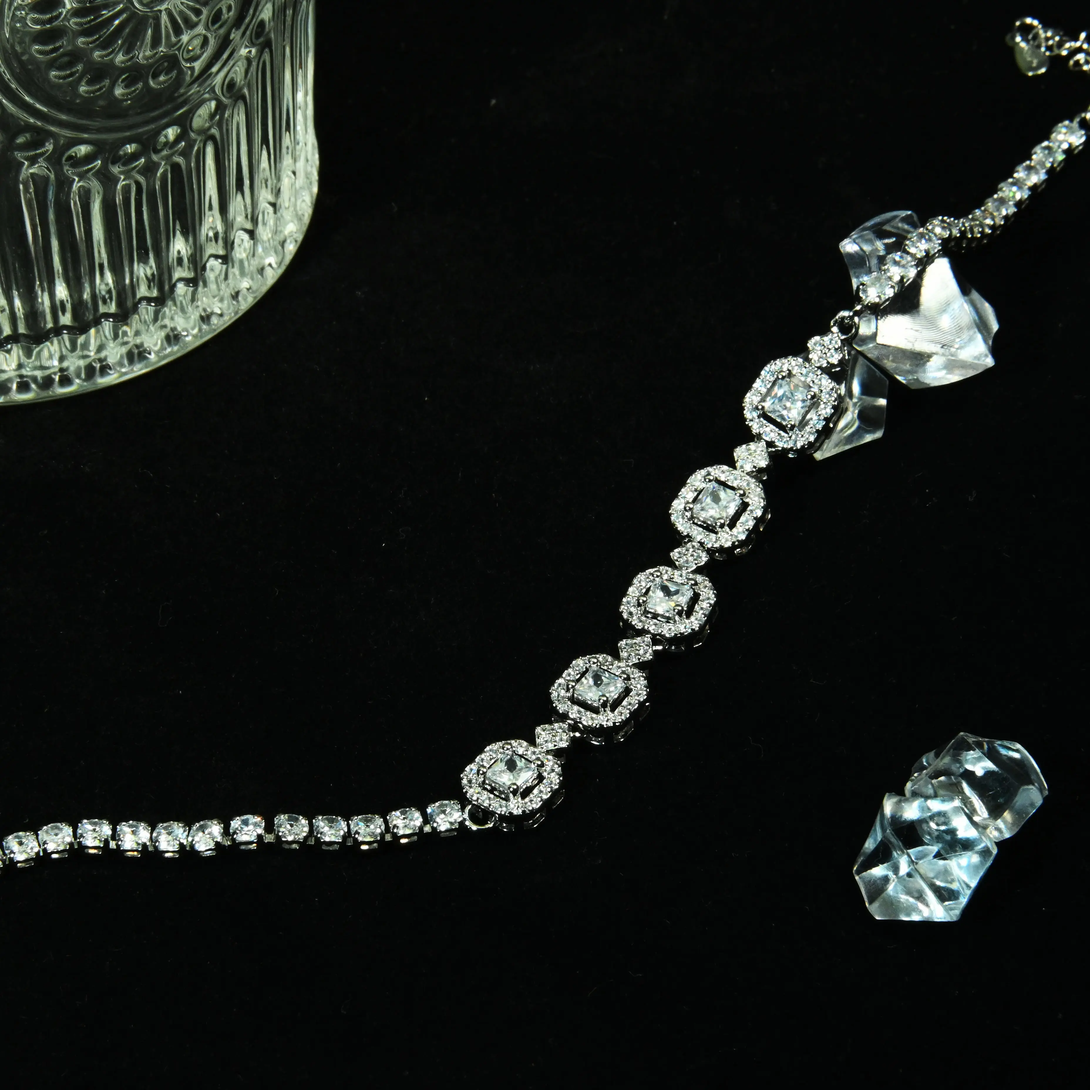 Square Diamond Prelude Bracelet | Five Diamonds Arranged with Sparkle | 925 Silver Fashion Elegant | Holiday Banquet Charming Accessory
