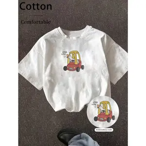 Vintage Embroidered Funny Geese Machine , Round Neck Women Pattern T-Shirt