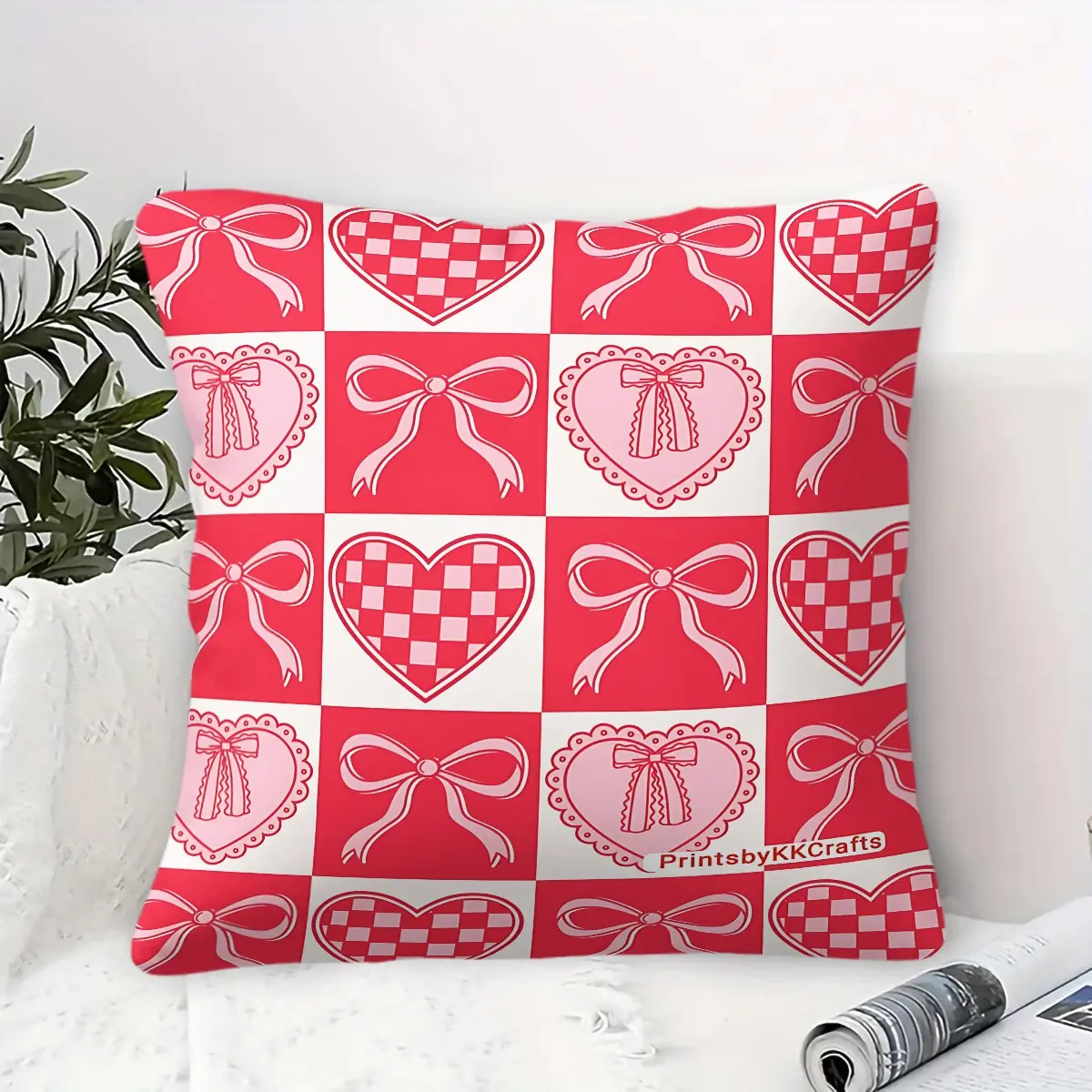 Love Bow Checkerboard Printed Throw Pillow, Y2k Sweet Girl Themed Square Cushion, Suitable for Decorating Living Rooms, Bedrooms, Sofas, Chairs, Beds, Cars, and Also Suitable for Travel Carrying. Contains Pillow Core.