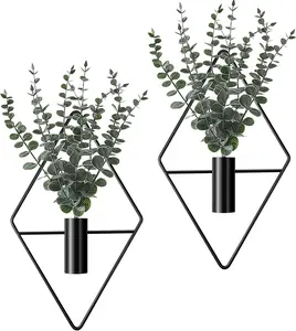 4 Pcs Hanging Planters with Artificial Eucalyptus Metal Hanging Vase Indoor Plants Holder Modern Geometric Boho Bathroom Wall Decor for Living Room Home Office(Black)