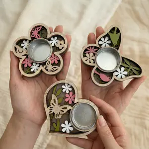 Easter Decorative Candle Holder Set, Vintage Wooden Tea Light Holders, Hollow Design, Flower Heart Butterfly Shapes, Modern Table Decoration