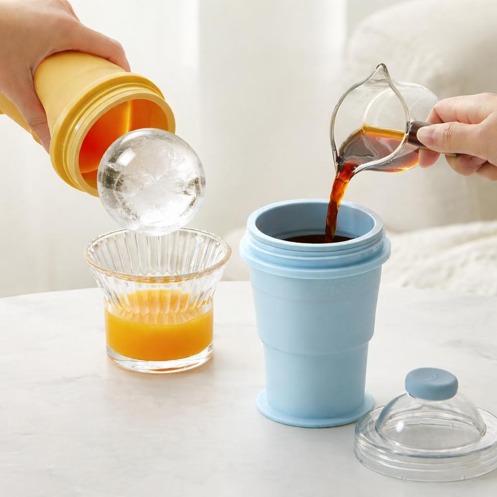 2-in-1 Collapsible Ice Ball Cup, Portable Silicone Travel Cup with Ice Mold for Camping, Iced Coffee & Whiskey,Portable Silicone Folding Tumbler with Large Sphere Ice Mold for Whiskey, Iced Coffee, Travel & Outdoor Camping